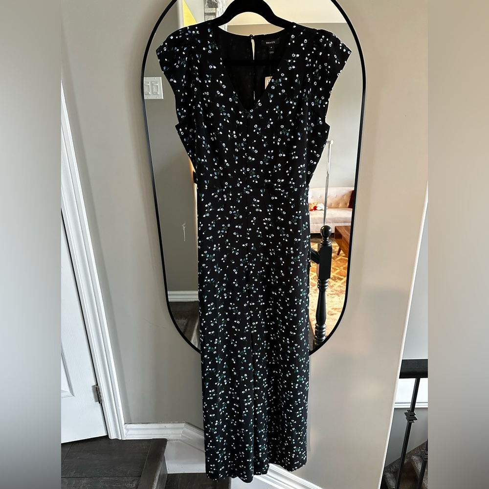 Black with White and Blue Floral Print Jumpsuit